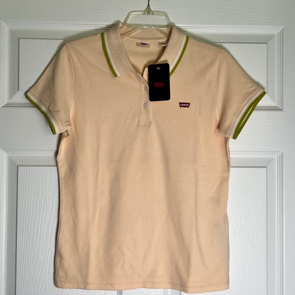 Levi's Short Sleeve Collared Housemark Polo Shirt Mens M Beige w/ Green Trim NWT - Picture 1 of 6